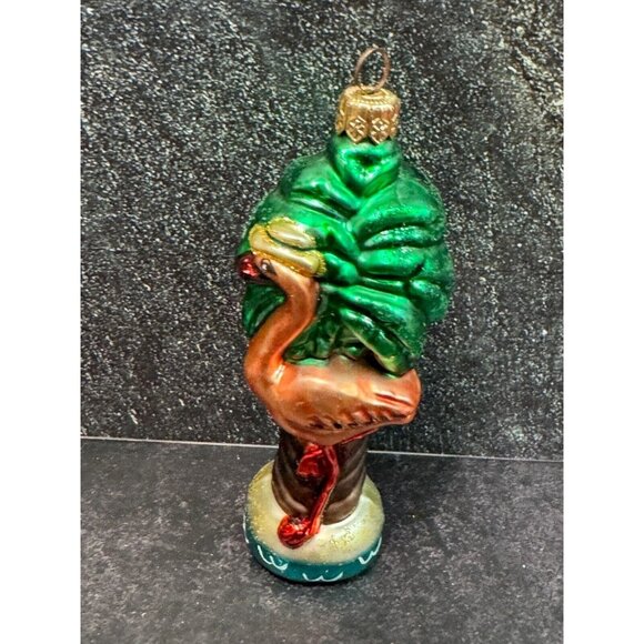 2000 Flamingo Palm Tree Blown Glass Christmas Ornament Hand Signed LC - Picture 2 of 5